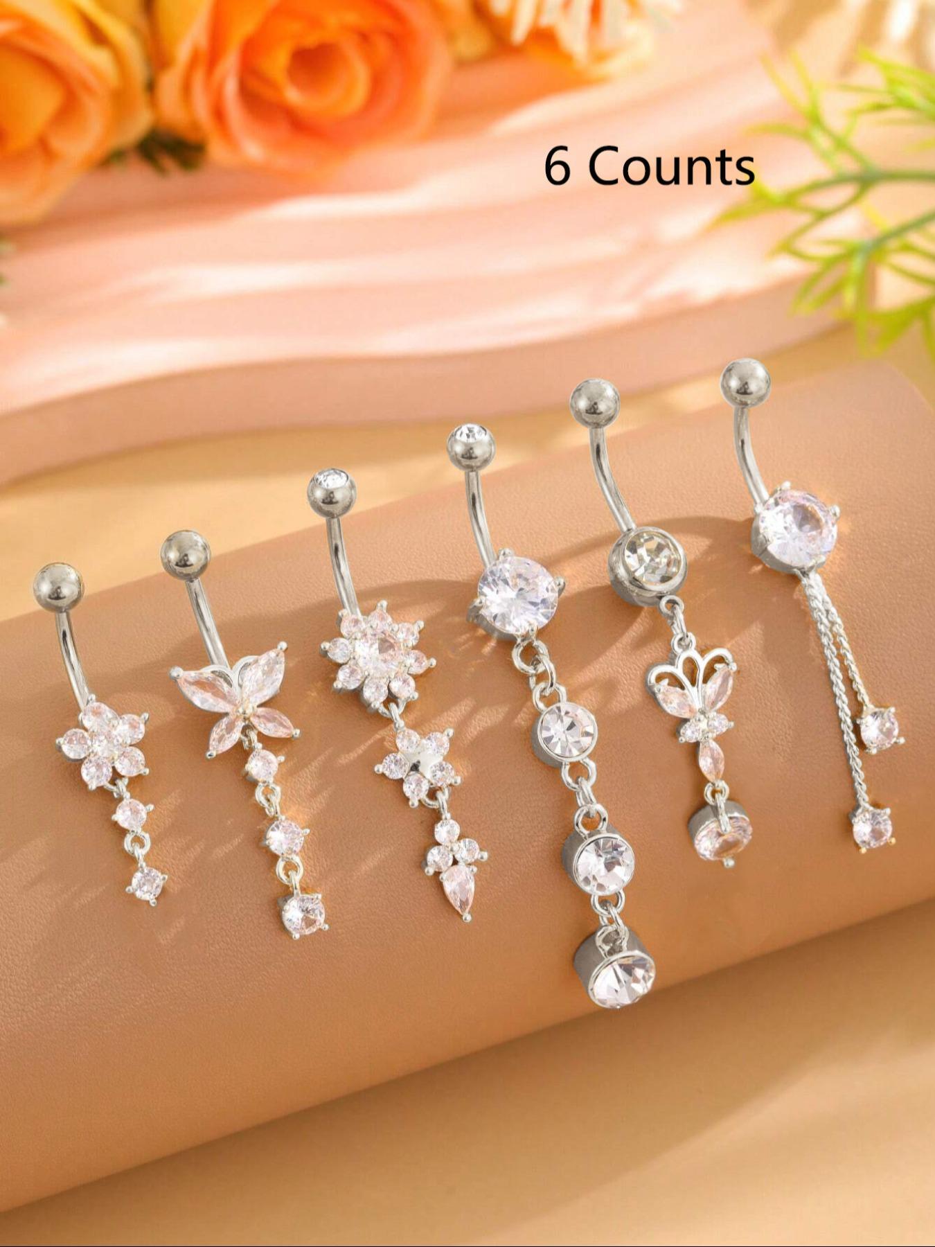 Women's Elegant Butterfly & Flower Design Belly Rings, Stainless Steel Belly Button Rings, Cute Trendy Belly Piercing Jewelry, Fashion Body Jewelry, Artificial Zircon for Party & Daily Decor