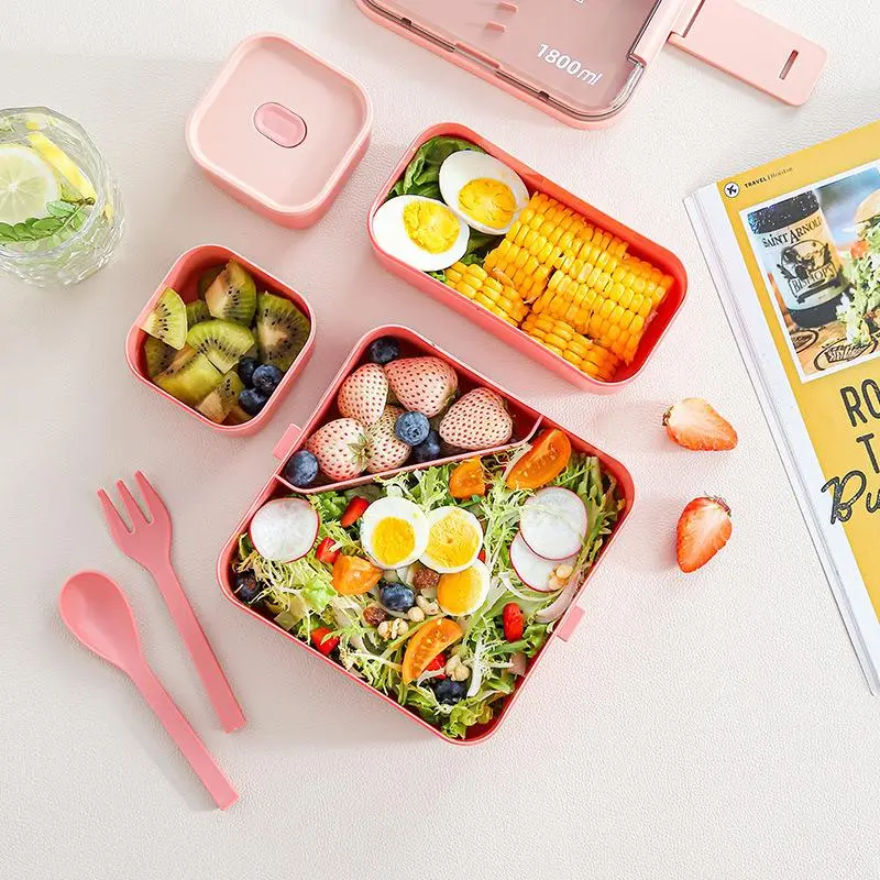 4-In-1 Multi-Layer Plastic Bento Box, Microwave Safe, Includes Spoon & Fork, Ideal for Office Meal Prep, Modern Design