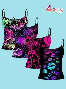 4-Piece Set Fluorescent Neon Vest, Y2K Graffiti Star Lipprint Print Thin Strap Top, Summer Party T-Shirt, Casual All-Season Wear