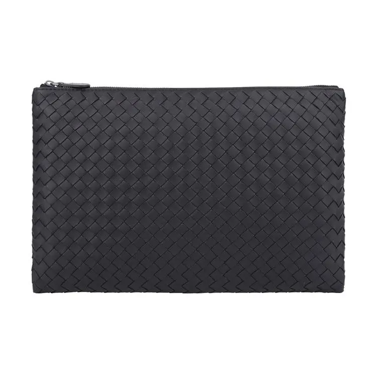 Bottega Veneta Woven Chevron Zippered Lambskin Envelope Clutch Bag for Men, Large, Black