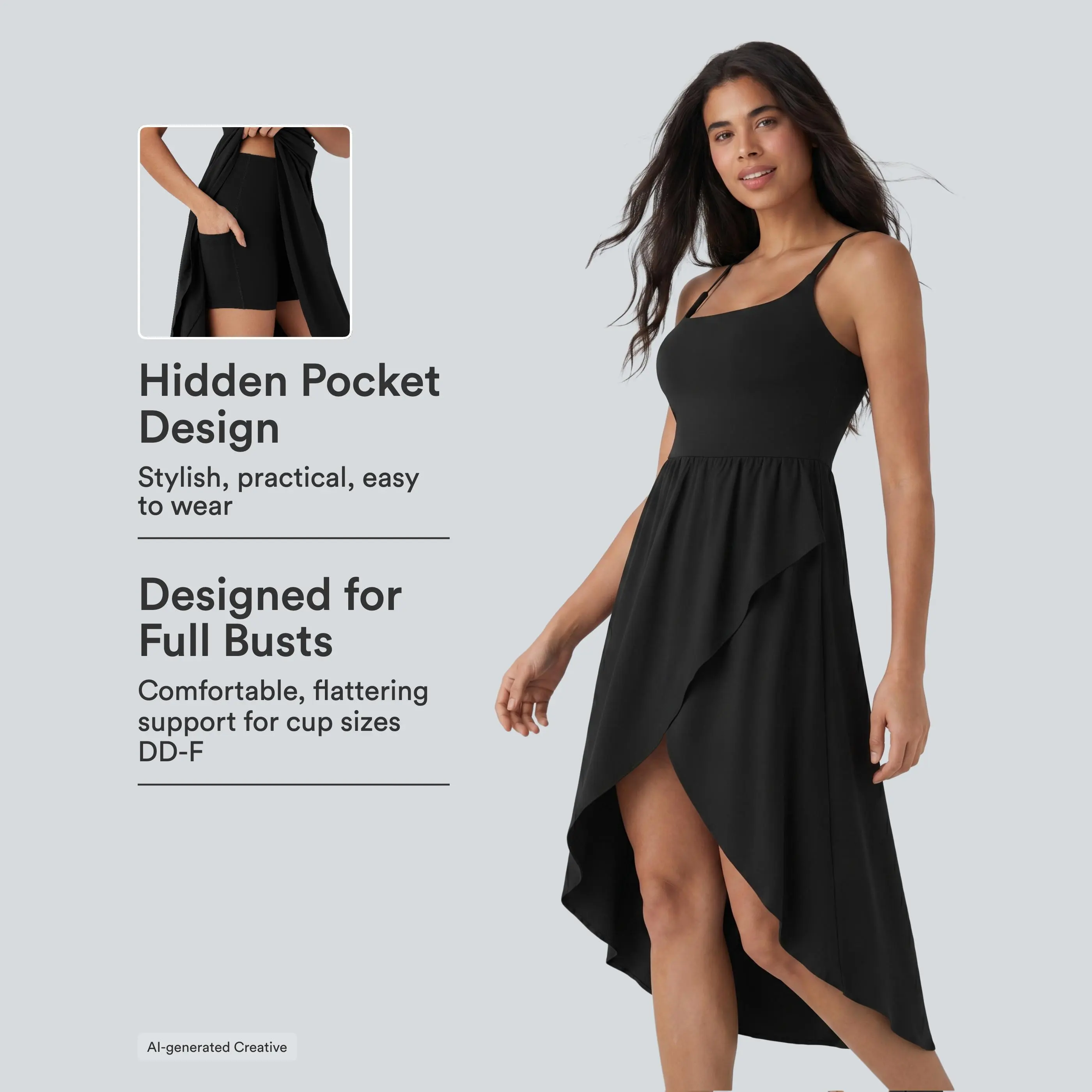 Halara Breezeful™ Backless High Low 2-Piece Flowy Midi Quick Dry Casual Dress with Side Pocket-D/DD/DDD/F Cups