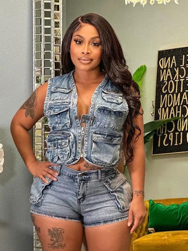 two-piece set woman Multi Pockets Denim Shorts Outfit Sexy Women Elegant Two Pieces Jeans Club Macthing Jacket+Shorts