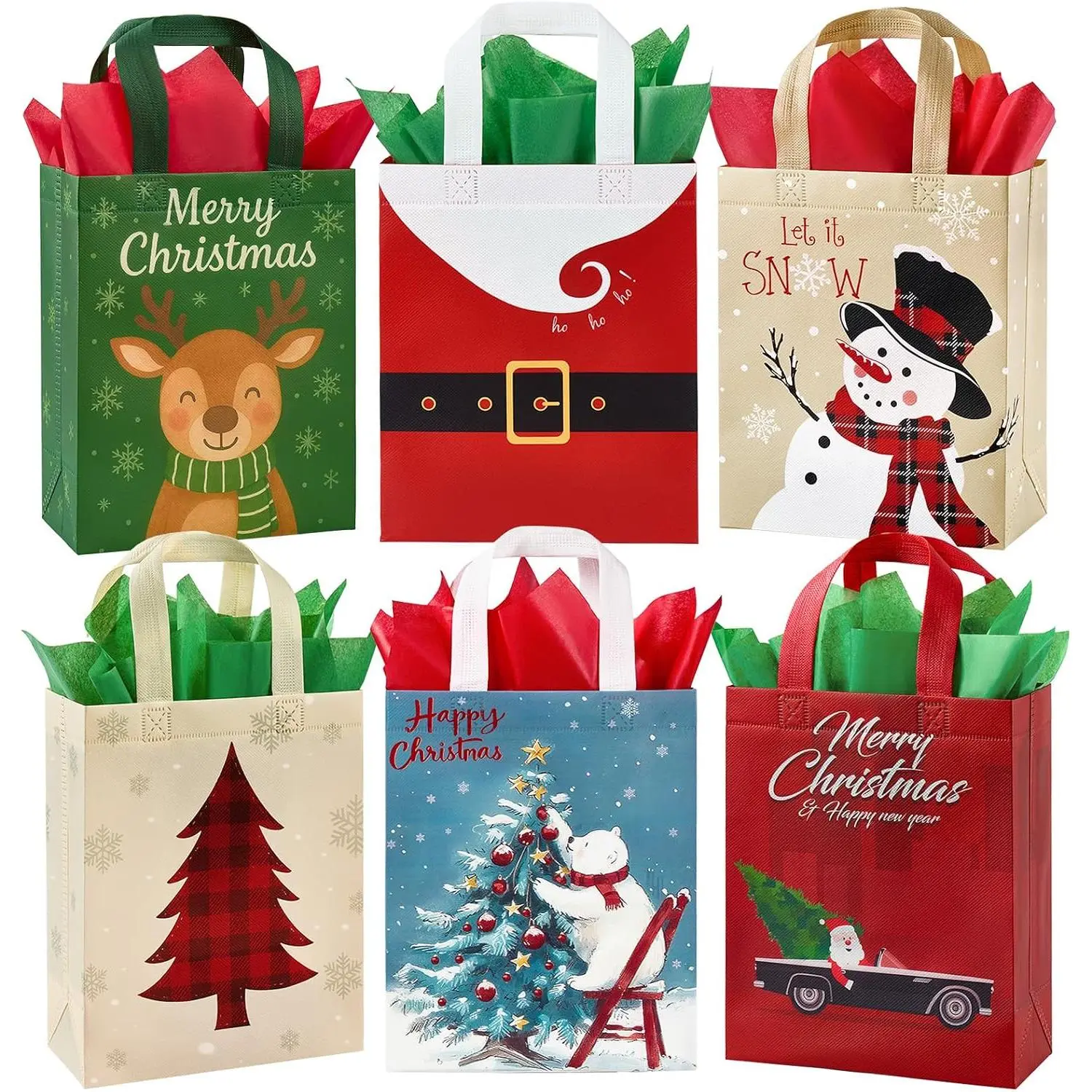24 Pack 10" Christmas  Bags Medium Size with Tissue Paper,  Non-Woven Christmas Tote Bags with Handles,  for Xmas  Wrap/Party Favor Supplies, 10" × 8" × 4"