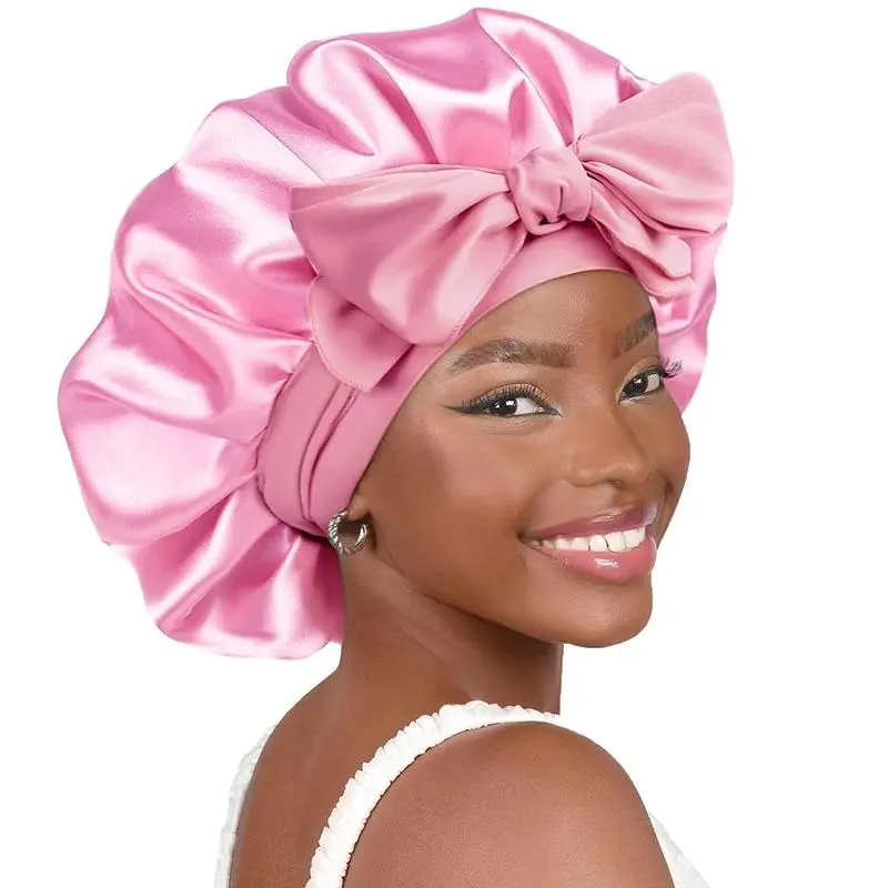 Solid Satin Sleeping Cap for Women, Turban Style Hair Bonnet with Adjustable Headband Tie, Dual-Use Waterproof Shower Wrap, Satin Hair Bonnet Headbands, Sleeping Cap Headbands