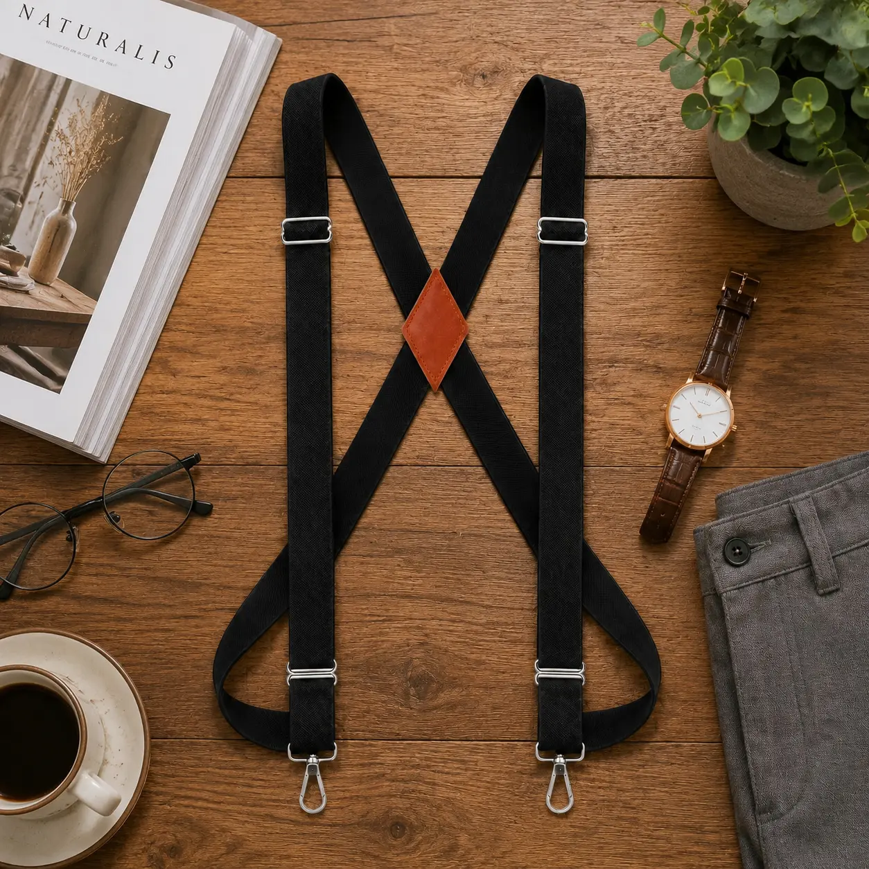 Mens Side Clip Suspenders Adjustable Elastic X Back Style Suspenders with Swivel Hooks for Pants