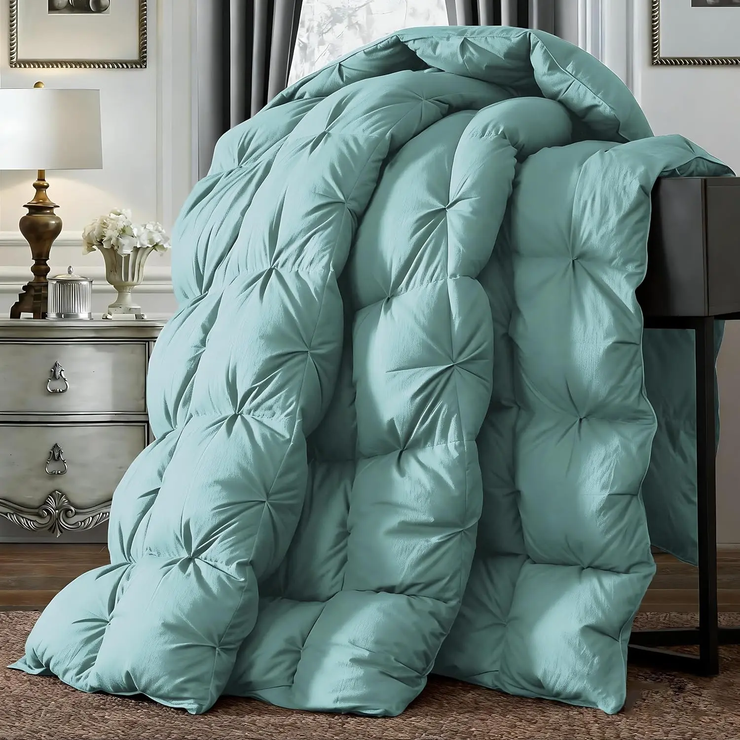 DREAMHOUR Pinch Pleat Goose Down Comforter King Size 106x 90，All Season Fluffy Duvet Insert, Noiseless Anti-Down Leak，100% Cotton Shell, RDS Oeko-TEX Certified, Hotel Luxury Bedding