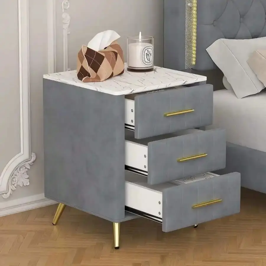 Sturdy Upholstered Wooden Rectangular Nightstand - 3 Drawers, Metal Legs & Handles, Marble Worktop, Mobile Bedside Table with Wheels, One Size Multi-Functional Indoor Console Table