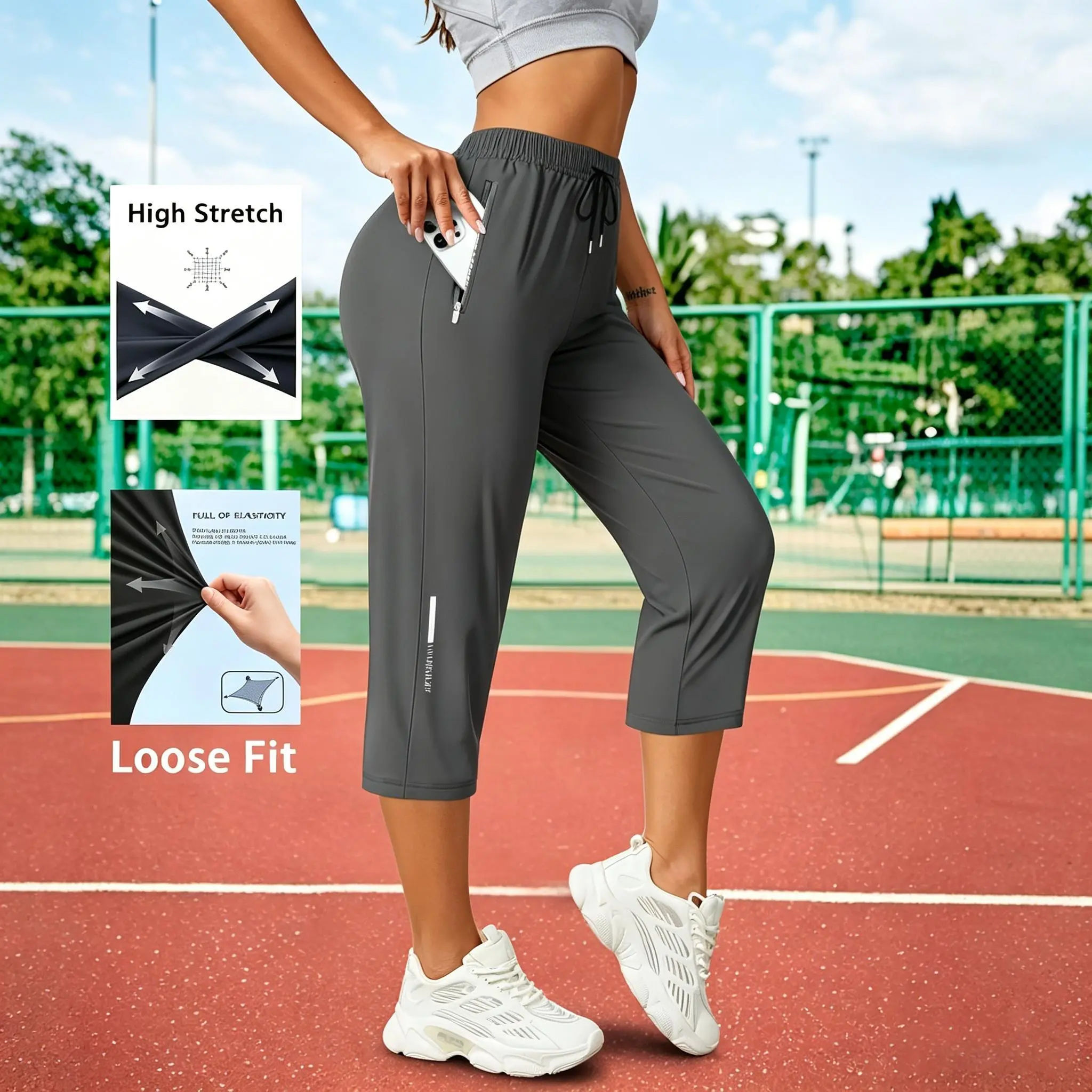 3-Pack Women’s Ice Silk Capri Pants – High Stretch Breathable Quick-Dry Athletic Cropped Pants with Zipper Pockets, Lightweight Lounge & Yoga Pants for Fitness, Running & Daily Wear