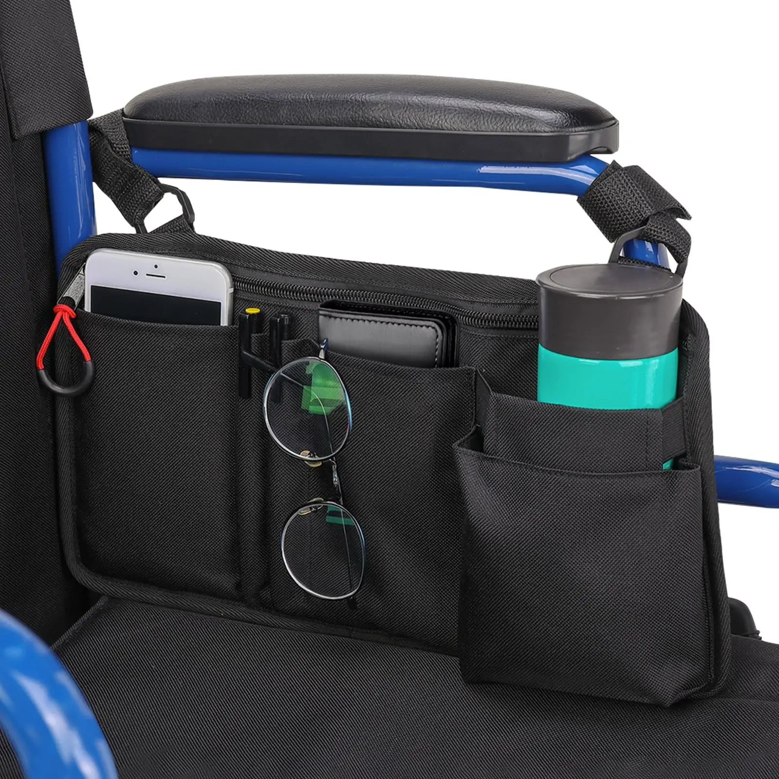 1 wheelchair armrest storage bag with cup holder, wheelchair accessories for seniors, walker cup holder, walker, electric scooter, or black wheelchair (bag only)
