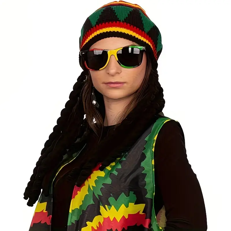 Reggae Jamaican Rasta Hat with Dreadlocks Wig, Heat-Resistant Synthetic Hair, Cosplay Halloween Party Accessory, Easy to Style