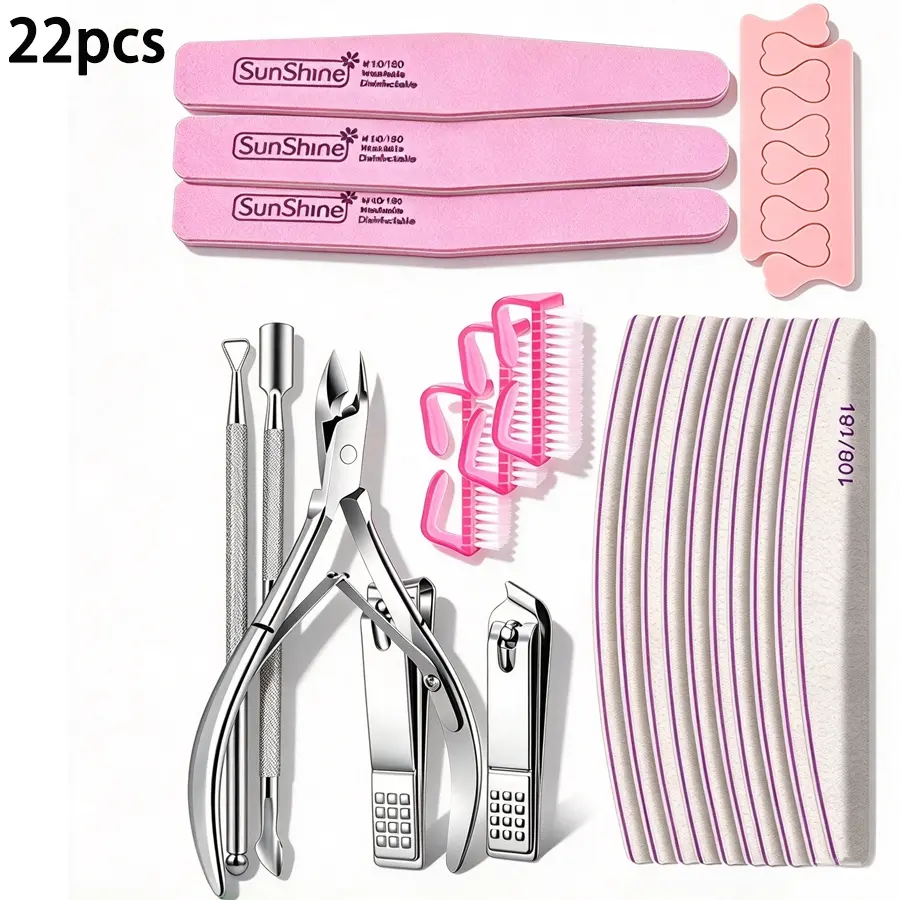 Manicure Pedicure Tool Set, Nail Care Tools & Nail Supplies Tools, Stainless Steel Nail Clipper, Nail Cuticle Nipper Pusher, Nail File, Nail Brush, Toe Separator, Travel Supplies for Nail School, DIY Salon Nail Art Kit for Women Beginner(22pcs)
