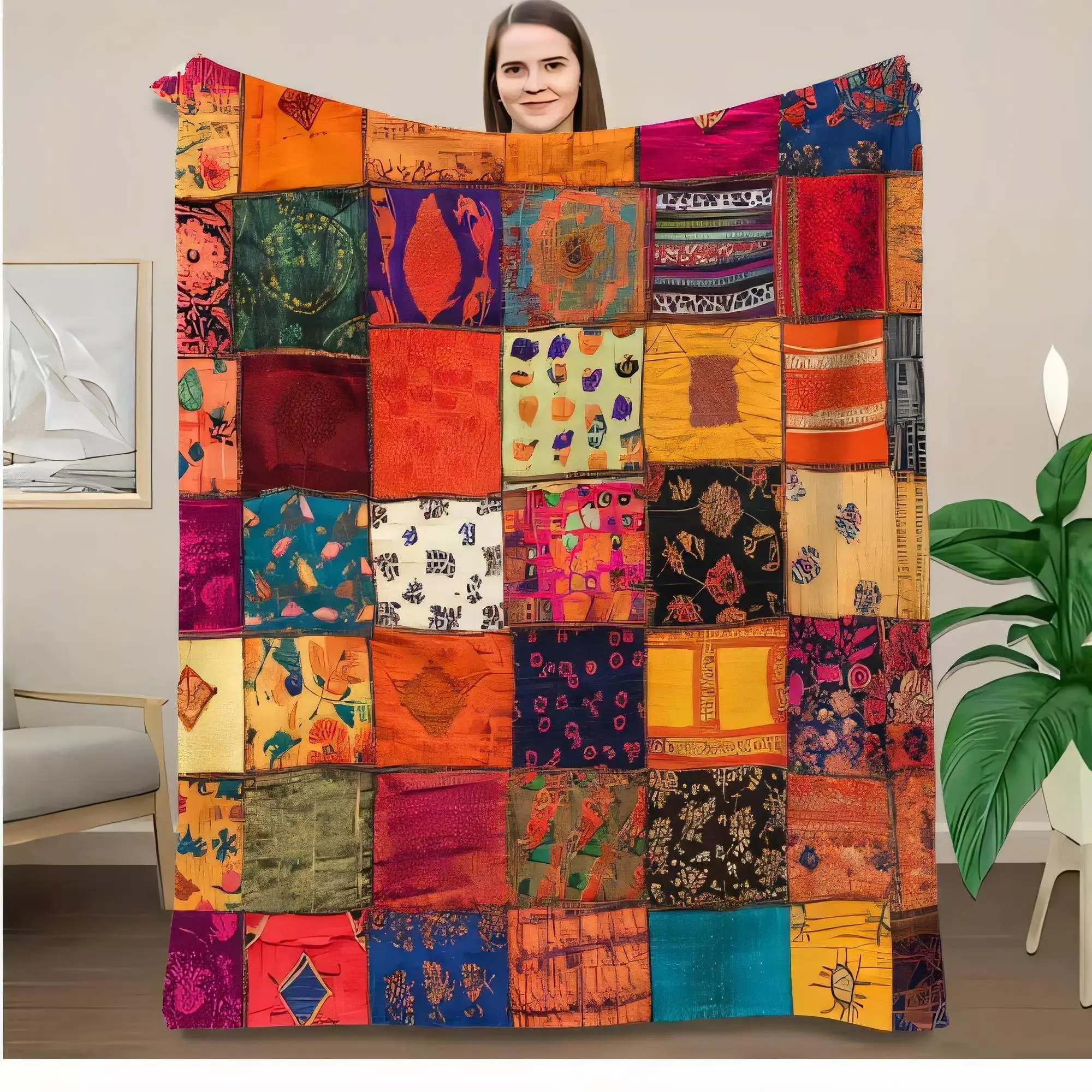 Vibrant Patchwork Afghan Blanket Throw - 60in*50in/80x60in, Wrinkle Resistant, All Seasons Cozy Home Decor for Sofa, Bed, Birthday Gift Option, 80 X 60 Inches