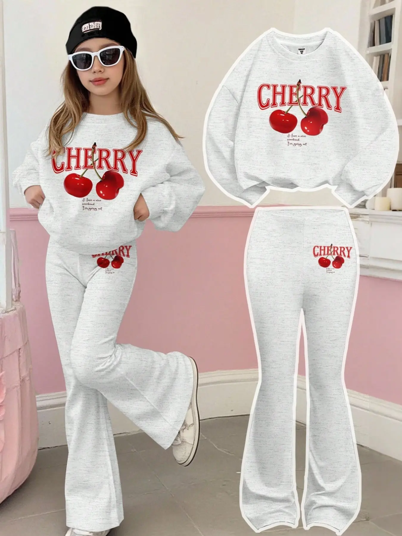 Girls' Cherry Letter Sweatshirt and Bell Bottoms Set, Casual Loose-Fit Long Sleeve, Fall & Winter Fashion for Daily Wear