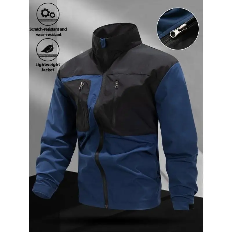 Men's Waterproof Hardshell Jacket, Sports Jacket, Stand Collar Design, Multi-Pocket, Fashionable Outdoor Hiking Gear, All-Weather Wear, Suitable for All Seasons