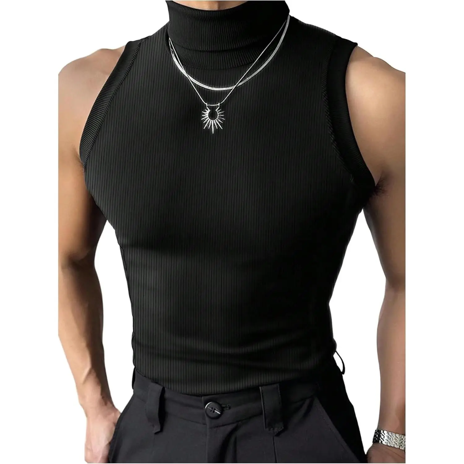 Men's Rib Knit Tank Top Sleeveless Turtleneck Casual Tops | Mock Neck, Streetwear, Slim Fit, Solid, Party, Summer, Workout, Club, Night Out, Concert Rave