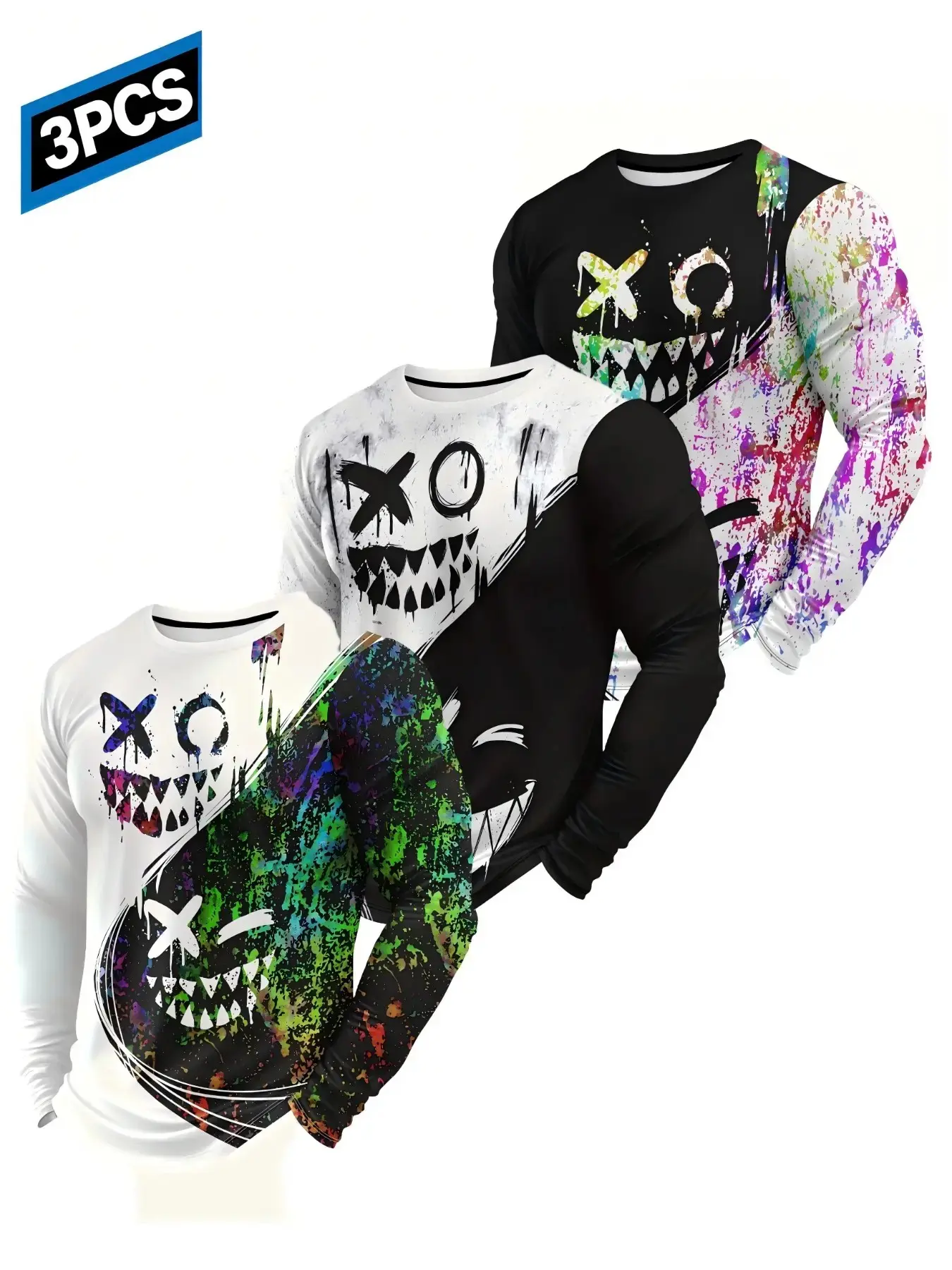Men's 3PCS Crew Neck Long‑Sleeve T‑Shirts With Graffiti Grimace Splatter Print, Cool Street‑Style Male Tops For Daily, Outdoor & Sports Casual Wear
