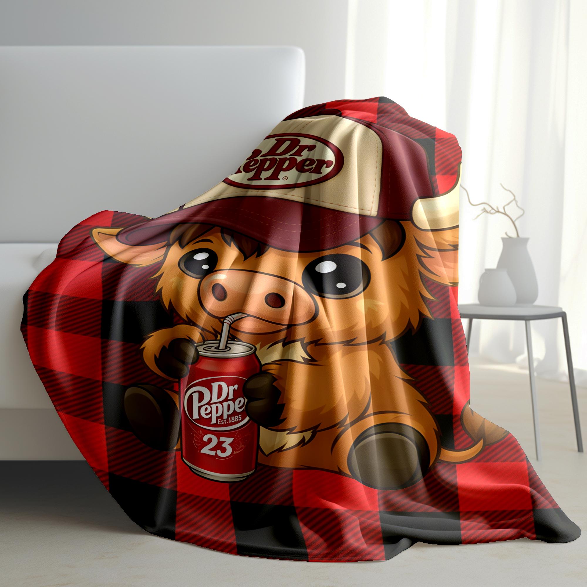 Highland Cow Wear a Hat Cute Pattern Dr Pepper Flannel Blanket,Red and Back Checkered Blanket 1 Count Soft Warming Bedding Blanket Comfy Lightweight Bedding