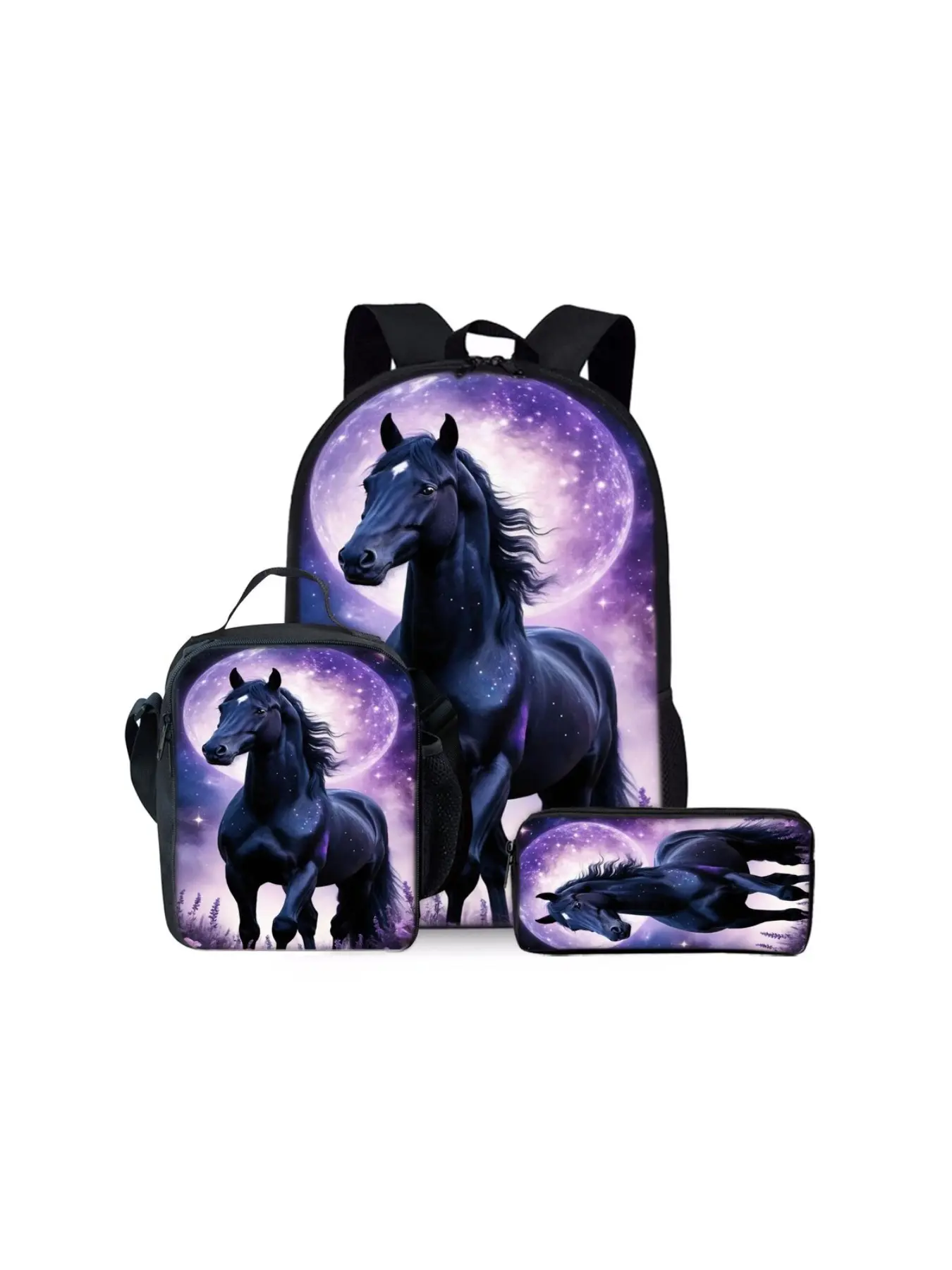 3-piece Set of Horse Pattern 2D Printed Backpacks, Large-Capacity Lightweight Bag Set, Suitable for Outdoor Trips and Daily School Use. The set includes a backpack, a lunch bag and a pencil case, making it an ideal holiday gift for kids and friends.