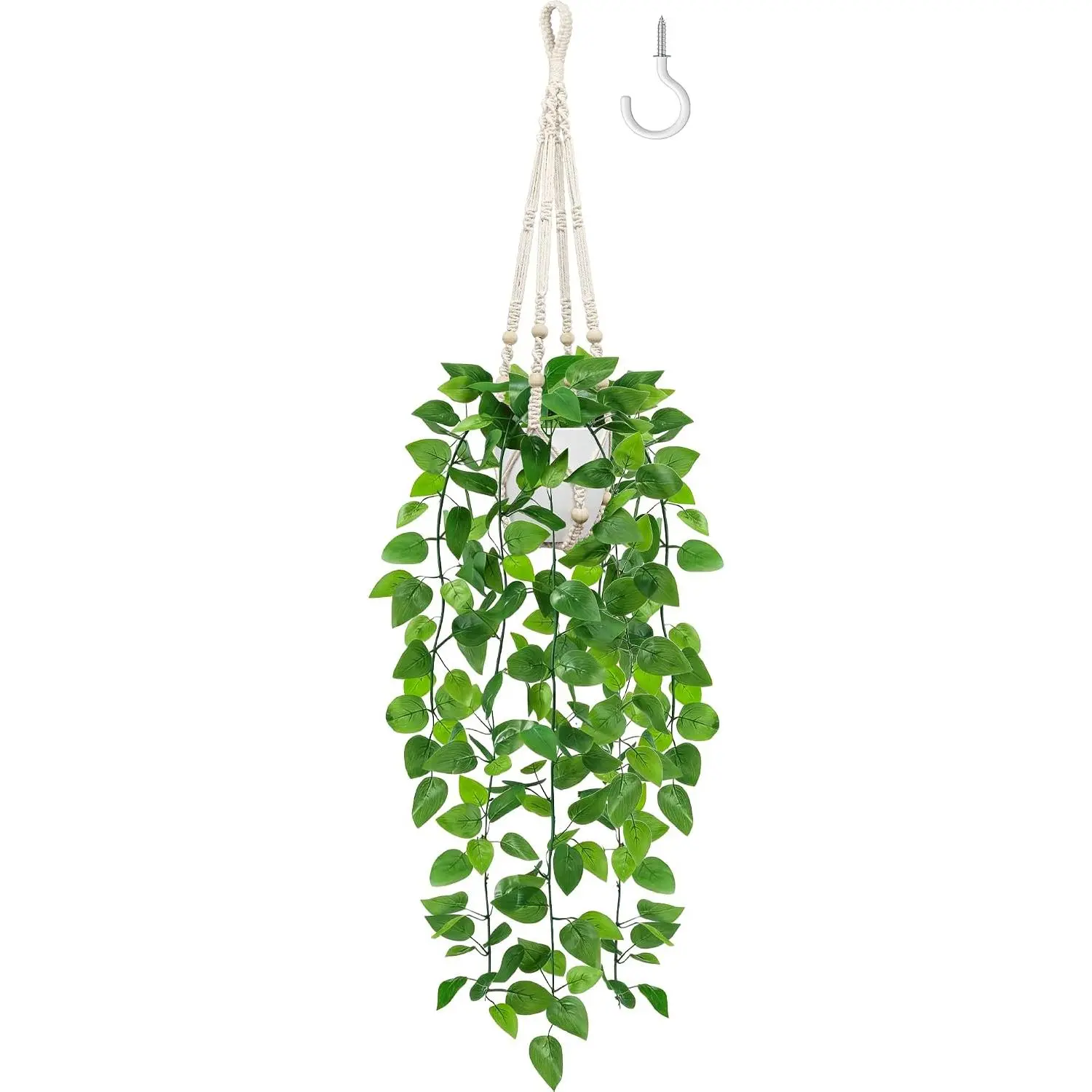 Synthetic Pothos Vines Hanging Planter - Decorative Artificial Greenery with Pot, Macrame Hanger, Hook for Indoor Boho Decor, Ideal for Busy Homes