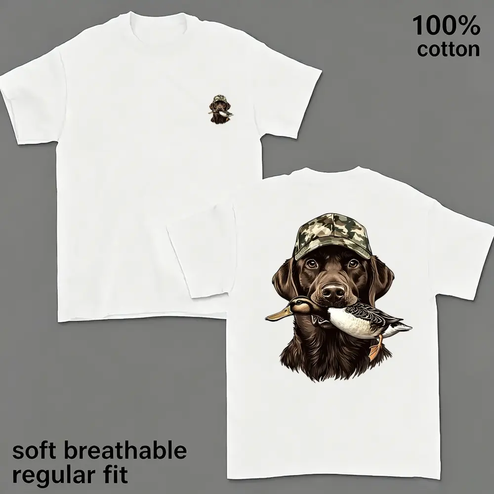 （230g) Labrador Duck Hunting Graphic Tee | 100% Cotton Soft Breathable T-Shirt | Camo Hat Chocolate Lab Dog Aesthetic Outdoor Camouflage Top Unisex