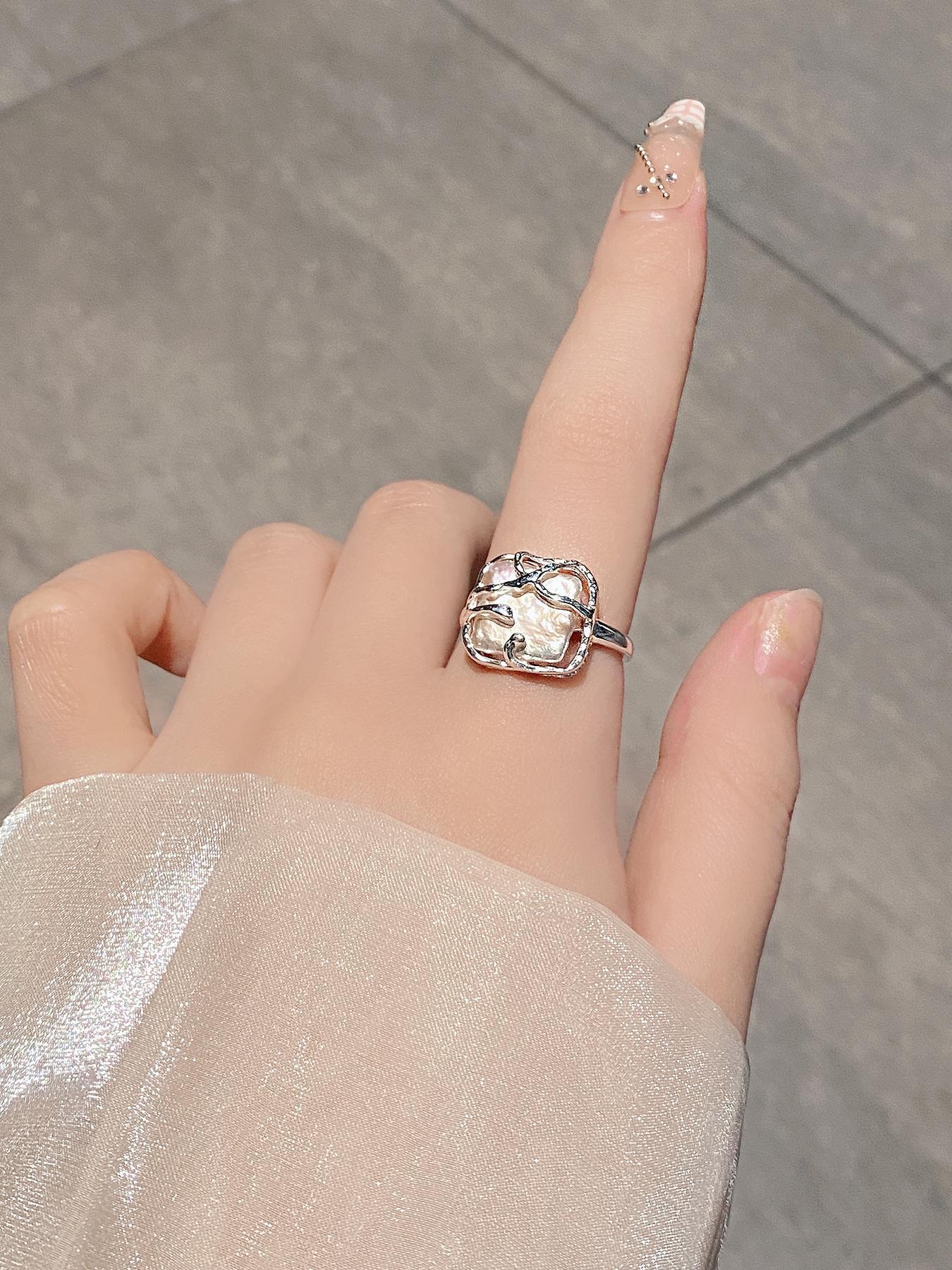 S925 Sterling Silver Fashion Vintage Square Shaped Baroque Pearls Ring, Elegant Everyday Ring, Elegant Jewelry for Women, Trendy All-match & Exquisite Jewelry for Birthday Gift, Vintage Rings Jewelry