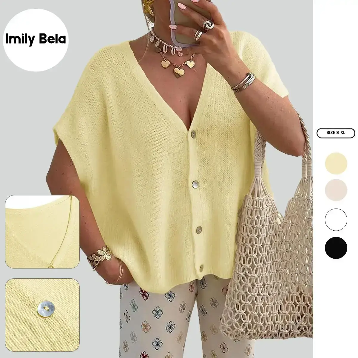 Imily Bela Womens Oversized Cardigans Batwing Short Sleeve Lightweight Button V Neck Casual Knit Sweater Tops