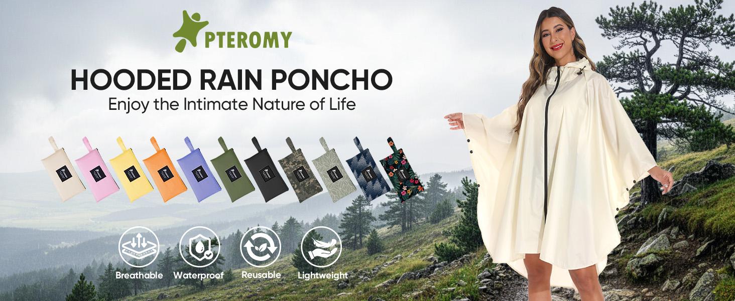 Hooded Rain Poncho for Adult with Pocket and Zipper, Waterproof Lightweight Raincoat for Men and Women
