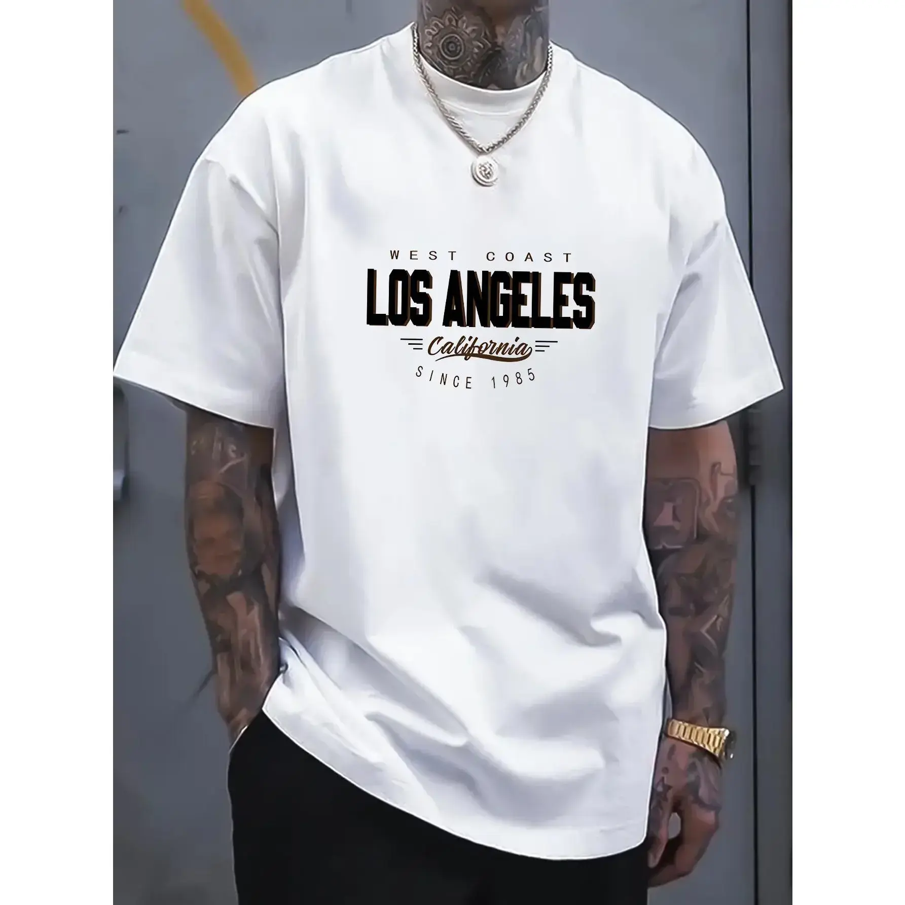 100% Pure Cotton LOS ANGELES Print Tee Shirt, Casual Summer Short Sleeve T-shirt For Men