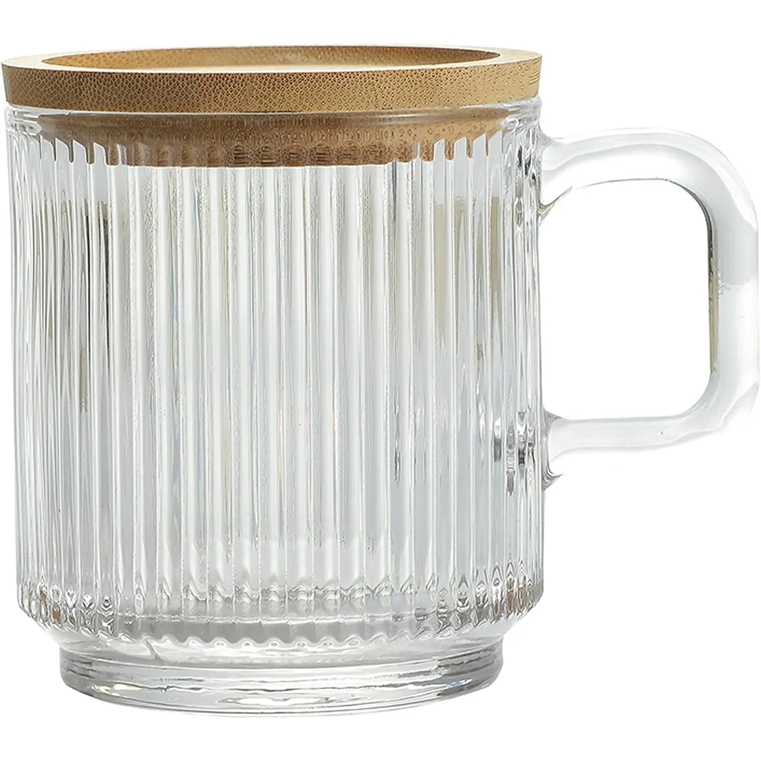 Clear Glass Coffee Mug with Lid -  Classical Vertical Stripes Glass  Cup - for |Latte|||Juice|Water| - Unleaded -  Lid - 12.5 Ounces