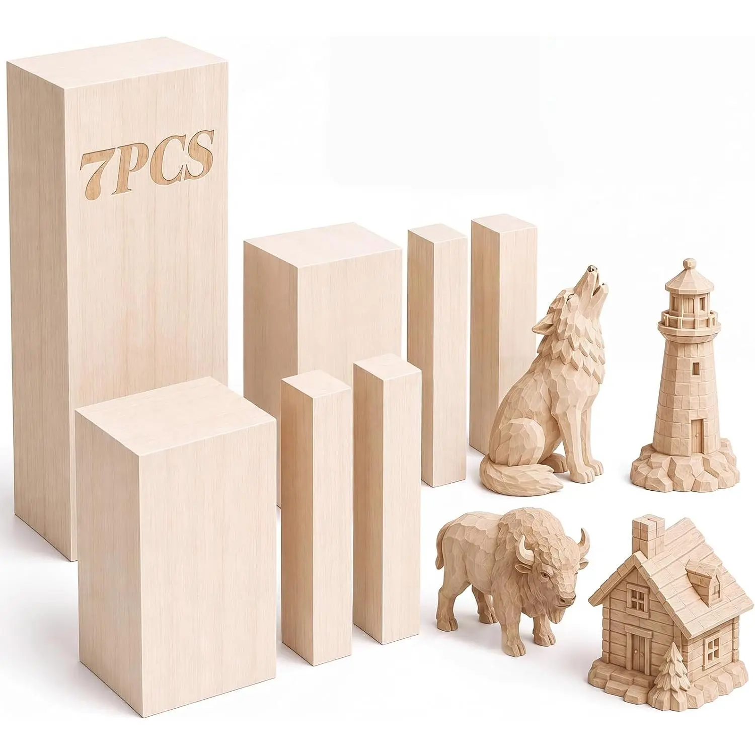 Basswood Carving Blocks, 7 count Whittling  Blocks with 5 Different Sizes, 2x4x1x1in, 2x6x1x1in, 1x4x2x2in, 1x2x2x6in, 1x3x3x10in, Carving  Blocks - Smooth Cut, No Cracks, Easy to