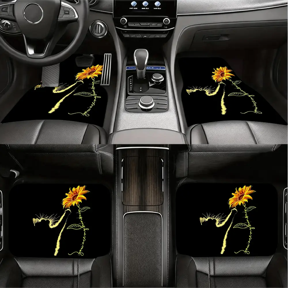 Custom Car Floor Mats, Automotive Interior Accessories, Embroidered Sunflower Pattern, Black Velvet Non-Slip Material, Universal Fit For Sedans And Suv, 4 Piece Full Set