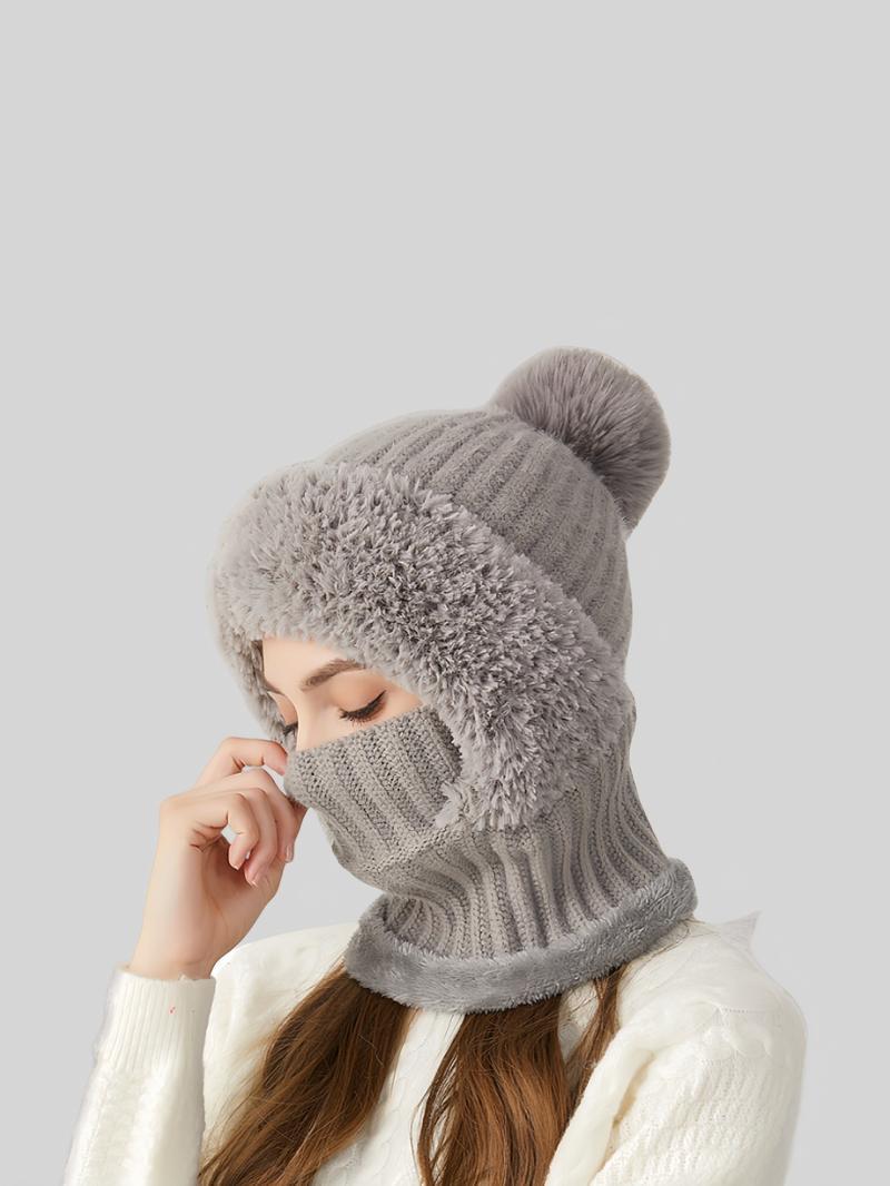 Women's Solid Color Pom Pom Decor Beanie Hat, Casual Warm Thickened Knit Hat for Fall & Winter, Fashion Accessories for Women & Girls Bonnet With Bunny Ears Bonnet SpringStatements