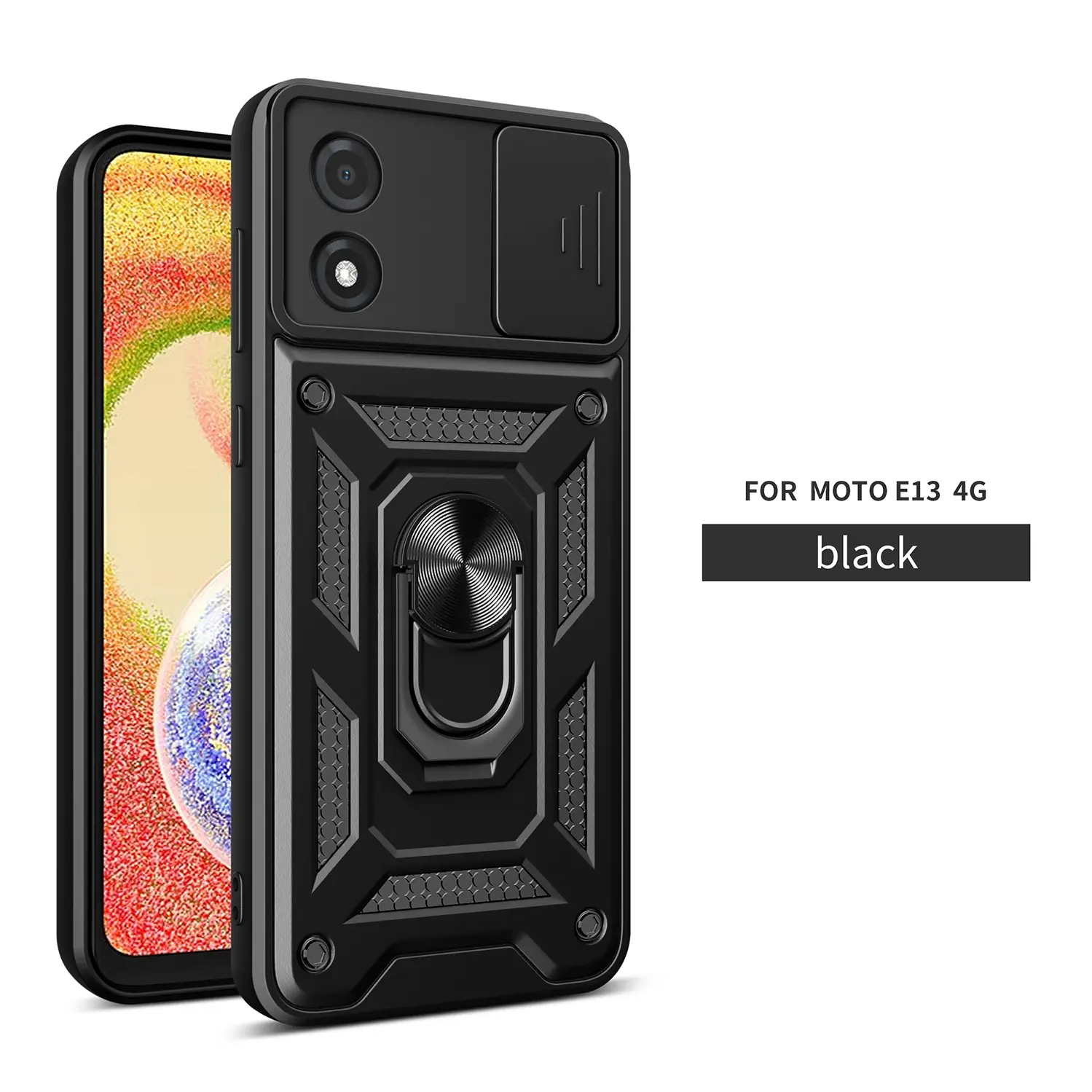 Case for Motorola Moto E13 4g with Hidden Dust-Proof Lens Cover, Military Grade Shockproof, Anti-Slip, 360° Rotatable Magnetic Ring Stand for Moto E13 4G Phone Case