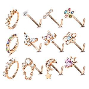 Trendy Summer 12PCS 20G Nose Rings Studs Stainless Steel Nose Rings Hoop for Women Men Paved CZ Butterfly Flower Nose Nostril Piercing Jewelry L Shaped Nose Ring Stud Set Cubic Zirconia