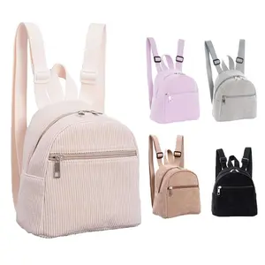 A compact mini backpack featuring adjustable straps and a striped corduroy finish; designed with multiple pockets, it is suitable for carrying daily essentials and perfect for school, travel, or everyday use