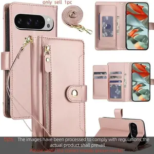 Crossbody Zipper Leather Wallet Flip Case For Google Pixel 10/10 Pro 8 8Pro 9A 9 Luxury RFID Stand Book Long Lanyard Bag Cover