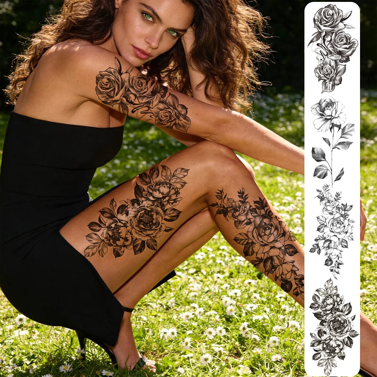 4 Sheets Flower Temporary Tattoos for Men and Women Black Arm Flower Fake Tattoo Forearm Tattoo Stickers，Can Be Used on Arms, Wrists, Shoulders, Legs, Waist, Neck, Hands, Chest, Thighs, Suitable for Women and Men