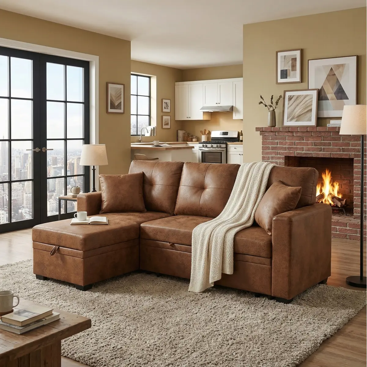 L-Shaped Reversible Chaise Sleeper Sofa with Pull-Out Bed, Storage Section, Light Brown Breathable Fabric, Small Space Living Room Furniture WL RR