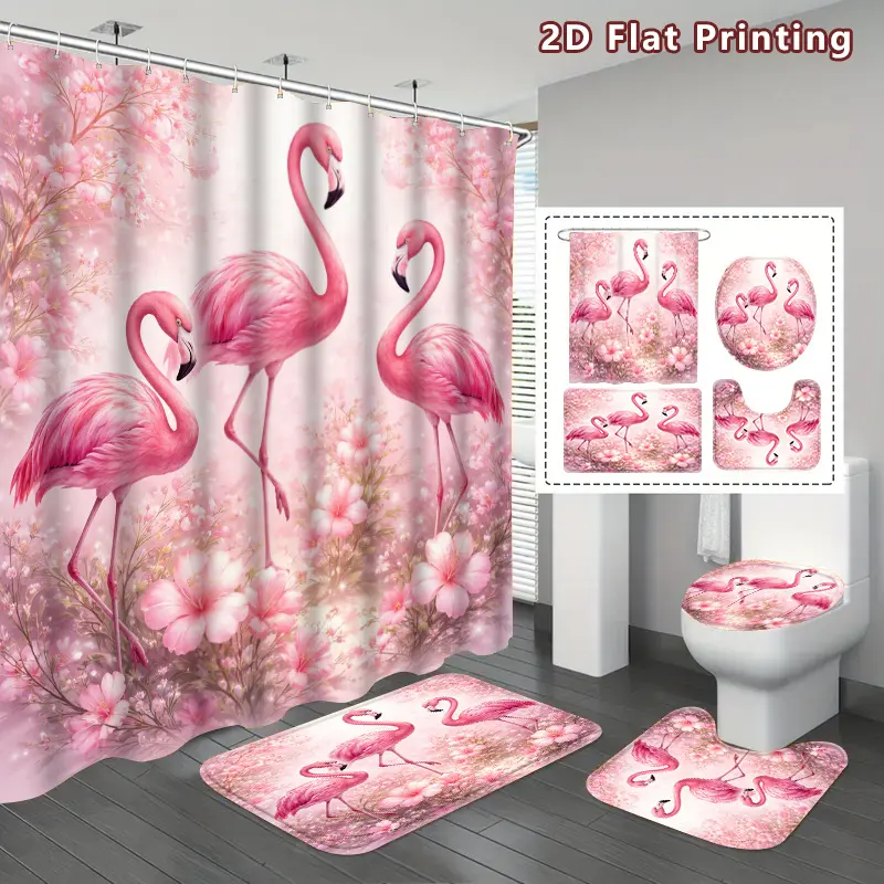 Pastel Flamingo Shower Curtain Set, 4-Piece Set, Soft Pink Flamingo and Flower Bathroom Decor, U-Shaped Toilet Cover with Hook Shower Curtain, Flamingo Floral Dream, Home Decor, Bathroom Decor