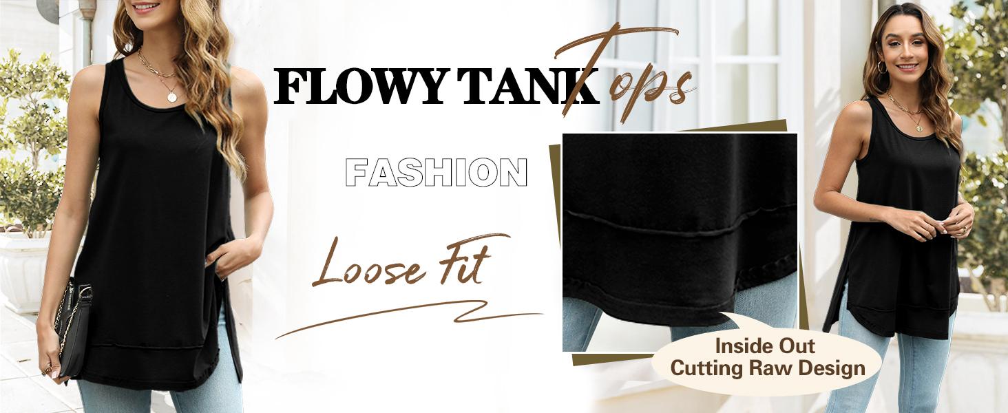 WIHOLL FASHION Loose Fit Tank Tops for Women Scoop Neck Summer Side Split Sleeveless Shirts 2025 Fashion