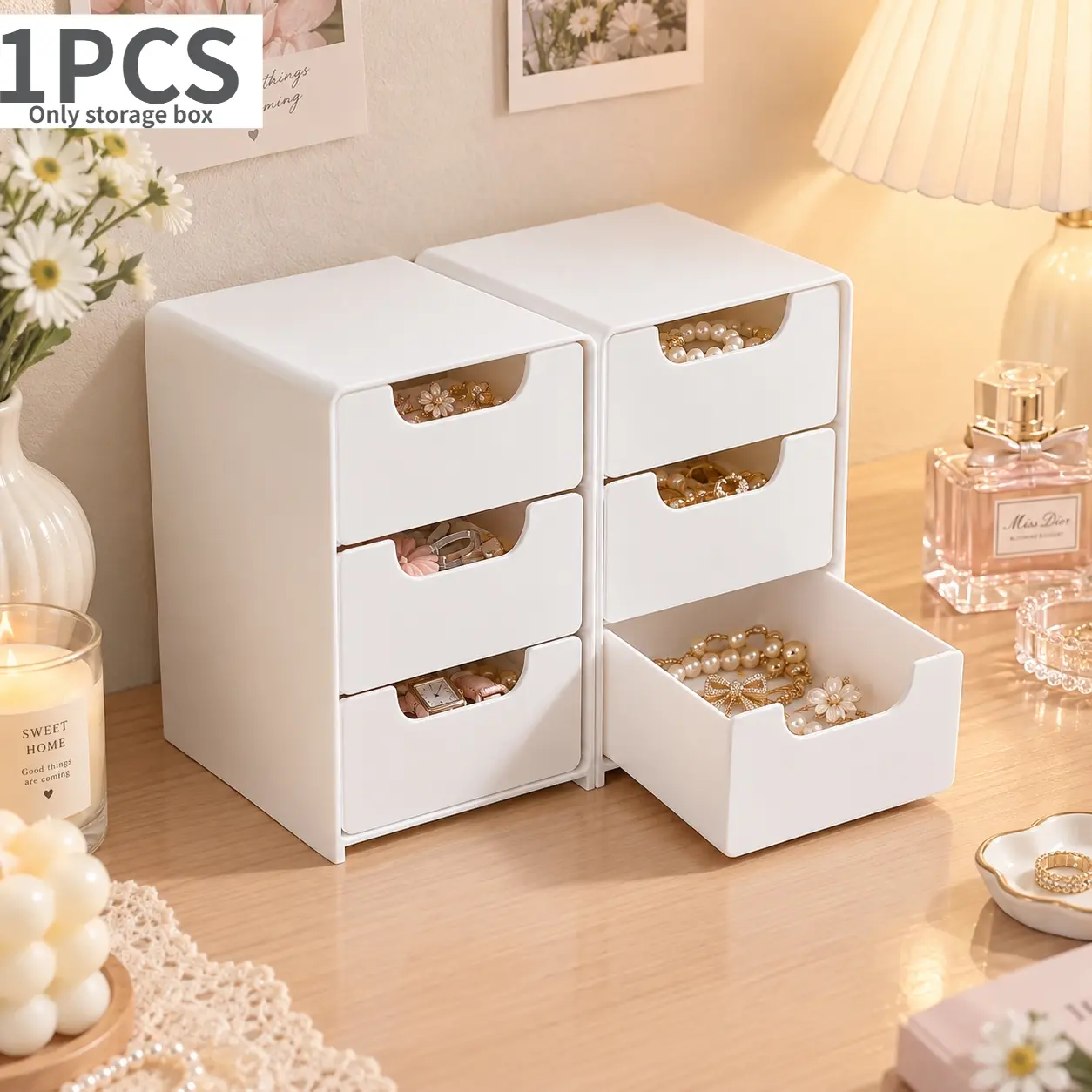 Desktop Mini 3-Tier Drawer Storage Box Cosmetic Organizer Box | Compartmentalized Storage for Jewelry, Accessories, and Cosmetics - Stackable for Home and Office Use