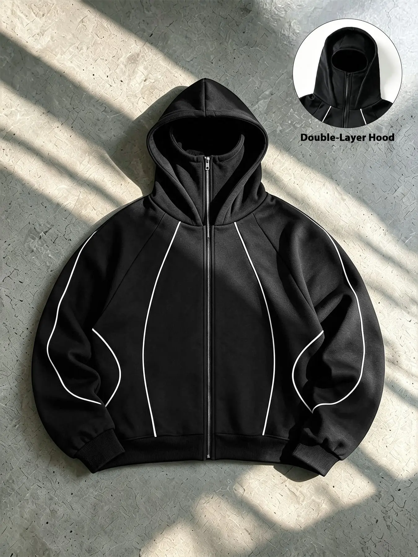 Men's Racing Street Zip‑Up Hooded Jacket, Double‑Layer Face‑Cover Hood Design, Contrast Piping Moto Outerwear For Daily, Car Event, Party