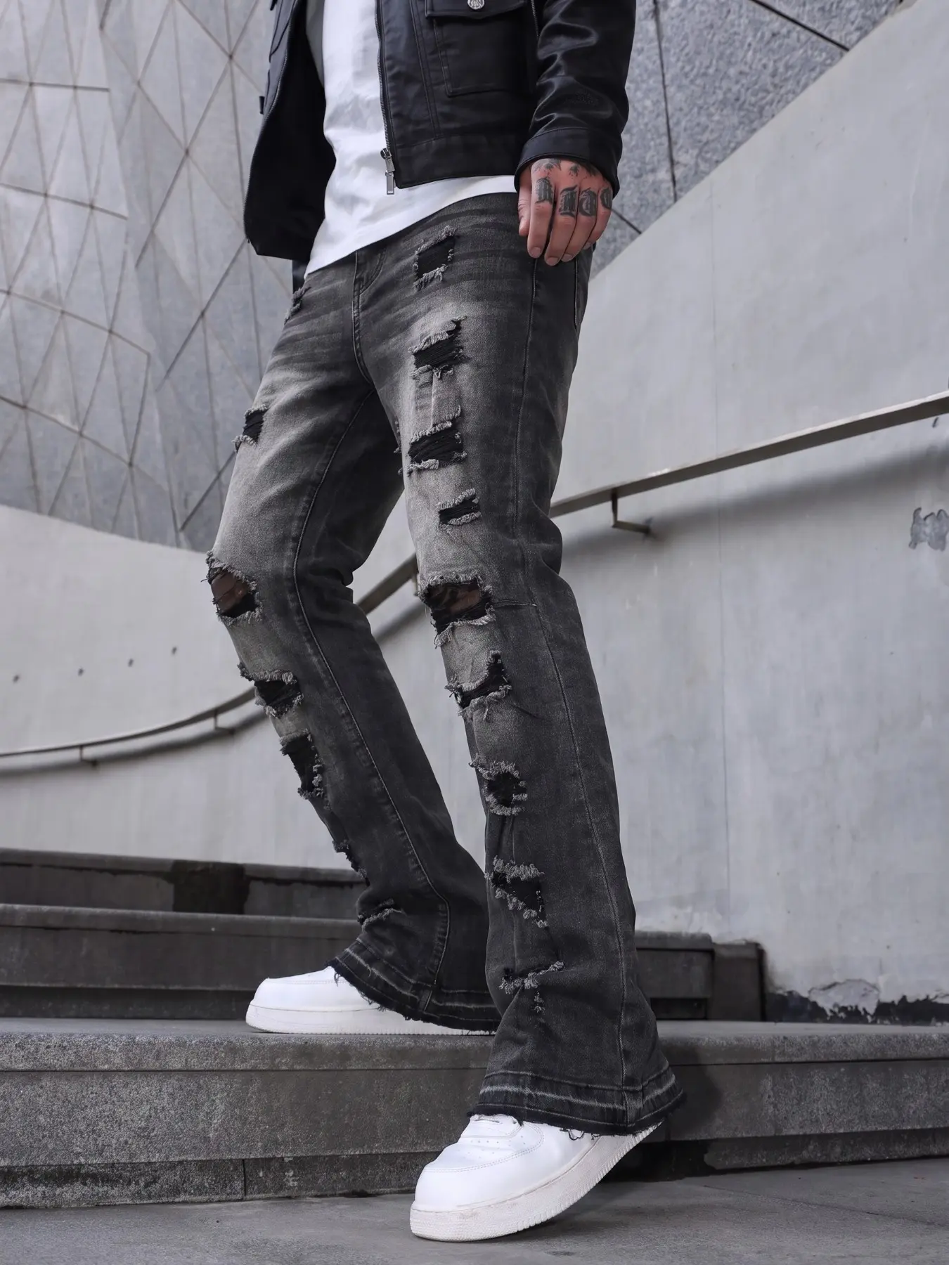 Men's American High Street Gradient Washed Jeans, Ripped Hem Flare Pants, Summer Cool Street Long Pants