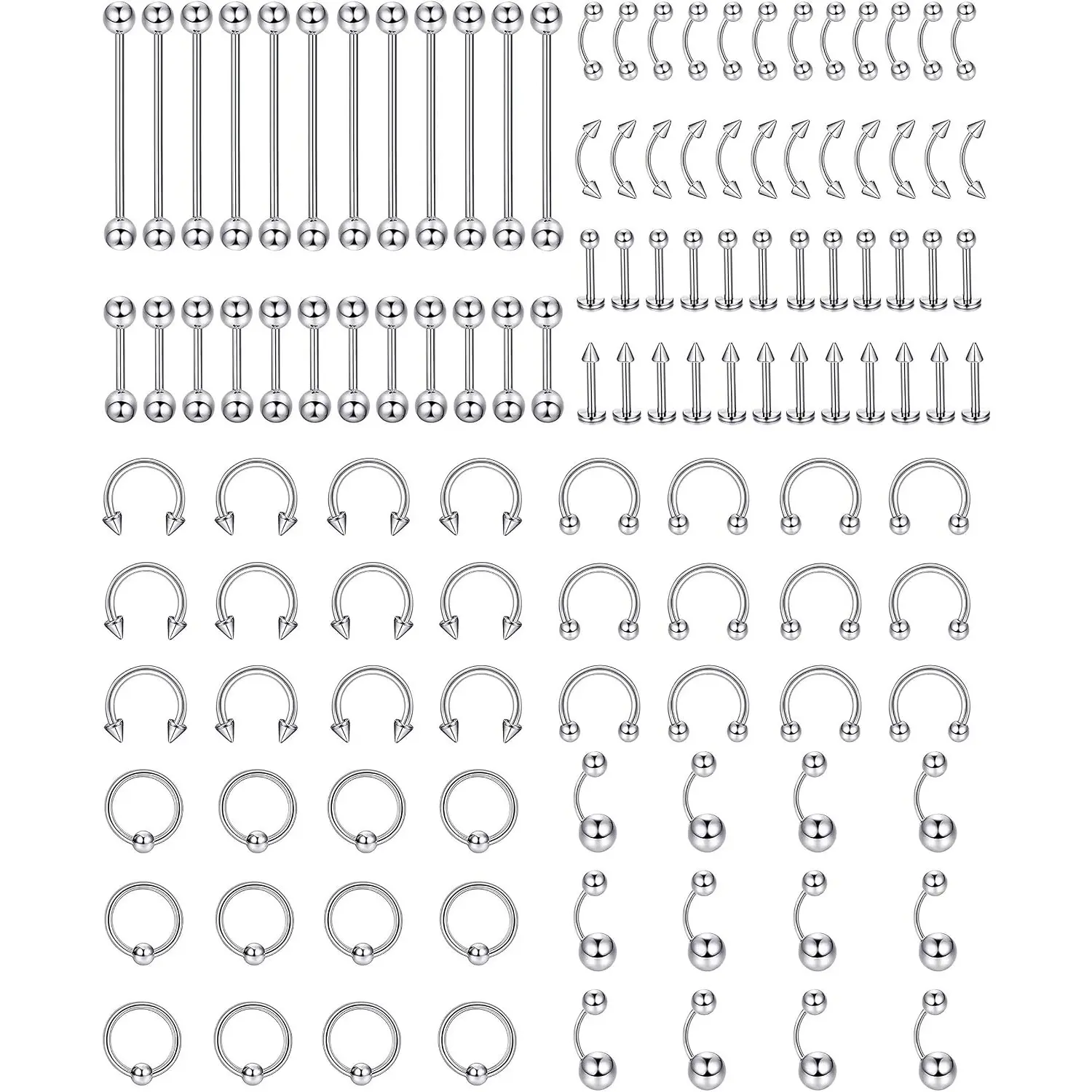 120 Pcs Unisex Stainless Steel Body Piercing Kit, 14G-16G Hypoallergenic Jewelry Set with Horseshoe Nose Ring, Lip Tongue Eyebrow Tragus Barbells for Nose Piercing, Casual Daily Wear