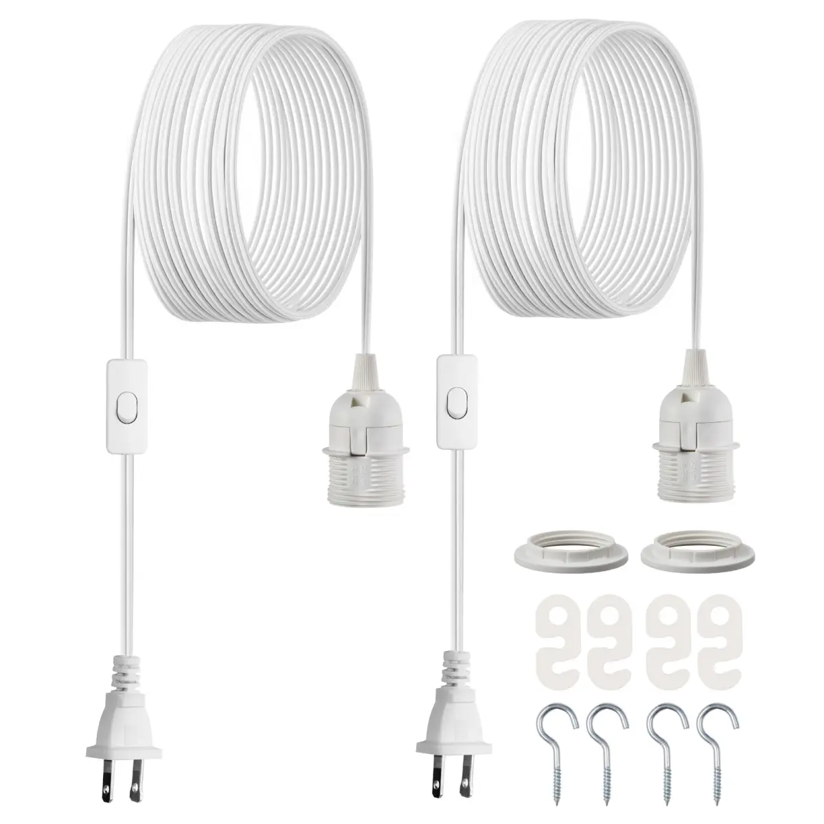 Plug in Hanging Light Cord Kit, 16ft Lantern Extension Cords, 2 Pack E26 Light Socket Lamp Cord Replacement, Secure & Sturdy, Easy to Install, Pendant Lamp Kit On/Off Switch & Socket Rings