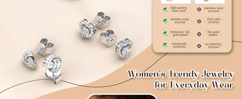 FUNRUN 4 Pairs Sterling Silver CZ Stud Earrings for Women 14K Gold Plated Brilliant Celtic Heart Big Stud Earrings Set Cubic Zirconia Earrings Studs for Sensitive Ear