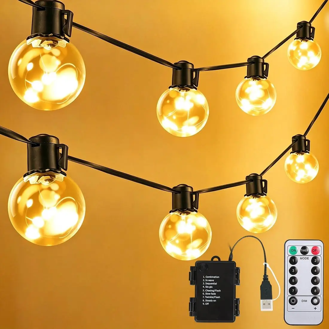 Outdoor String Lights Battery Operated,22ft 20 G40 LED Patio Bulbs |   Warm White Dimmable Remote Timer, IP65 Waterproof Shatterproof Globe Hanging Bulb for Backyard Balcony Bistro Christmas Decor