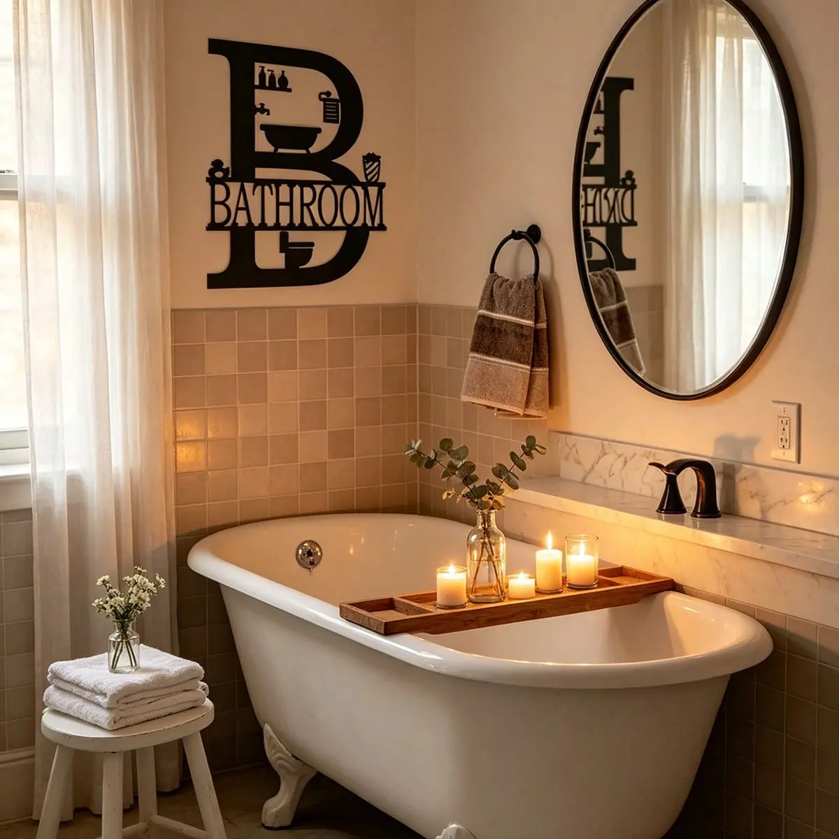 Large Letter B Bathroom Metal Wall Art, Vintage Cutout Metal Sign, Bathtub Toilet Outline, Farmhouse Laundry Room Decor, Home Gift