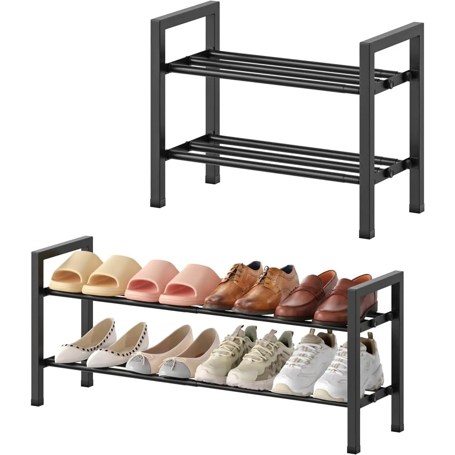 2-Tire 18"-33" Expandable Shoe Rack for Closet, Entryway, Dorm | Fits 4-8 Pairs Shoes, Adjustable Free Standing Shoe Shelf Storage, Shoes Organizer for Small Closet, Metal, Black
