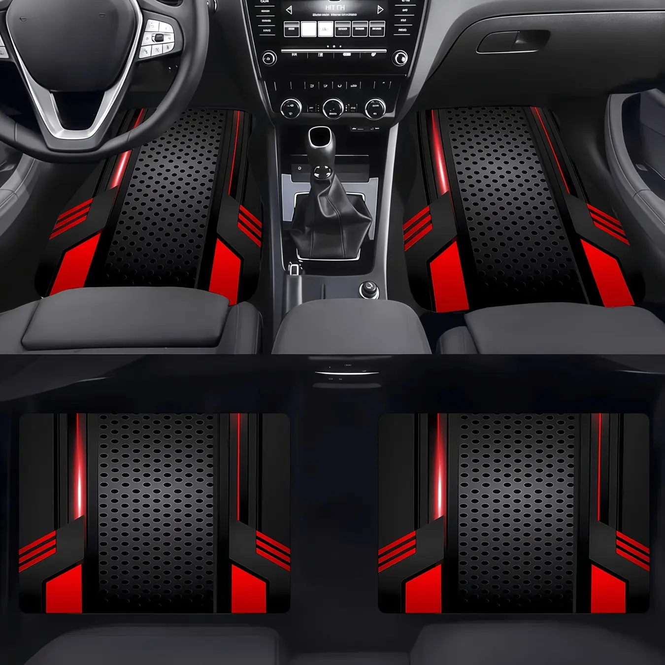 4pcs Black and Red Contrast Color Sporty Printed Car Floor Mats, Car Mat Set, Durable, Suitable for Sedans and SUVs, Wear-Resistant and Anti-Slip